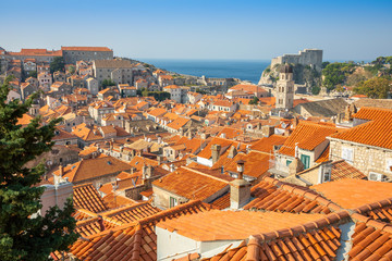 Fototapeta premium View of Dubrovnik red roofs in Croatia at sunset light