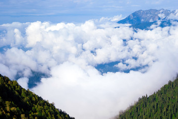 landscape - view from the mountain top on a sunny day to the valley hidden by low clouds