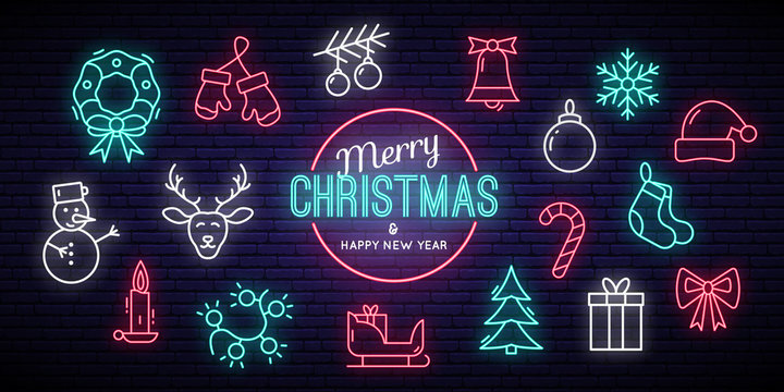 Christmas and New Year Neon Signs. Winter Holiday Symbols. Vector illustration.