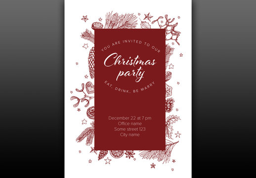 Christmas Party Invitation Layout with Maroon Illustrations