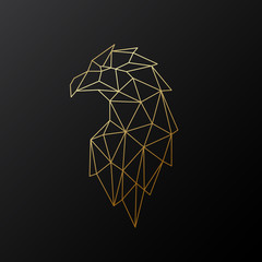 Golden polygonal Eagle illustration isolated on black background. Geometric animal emblem. Vector illustration.
