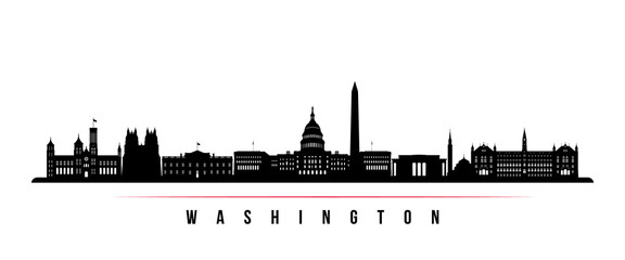 Washington city skyline horizontal banner. Black and white silhouette of Washington city, Netherlands. Vector template for your design.