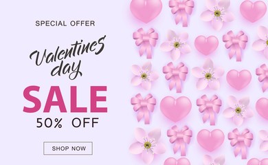 Vector valentines day sale poster, special offer banner with hearts, bow flowers pattern, hand written lettering. Romantic holiday commercial background, online store clearance shopping promo template