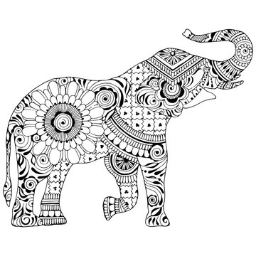 An elephant with a raised trunk on a white background. Silhouette decorated with Indian patterns. Symbol of stability and invulnerability.