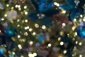 Bokeh Fires a side on the decorated New Year's tree. A background for design. Motion blur
