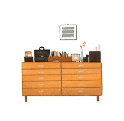 Digital hand drawn interior illustration with dresser, portfolio, books, music speakers, vase of flowers, a box of papers and painting isolated on white