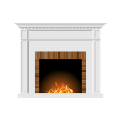 Fireplace with natural fire and bricks in a classic style. Element of the interior of the living room. Vector illustration EPS10.
