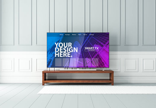 Smart TV on a Wooden Console Mockup