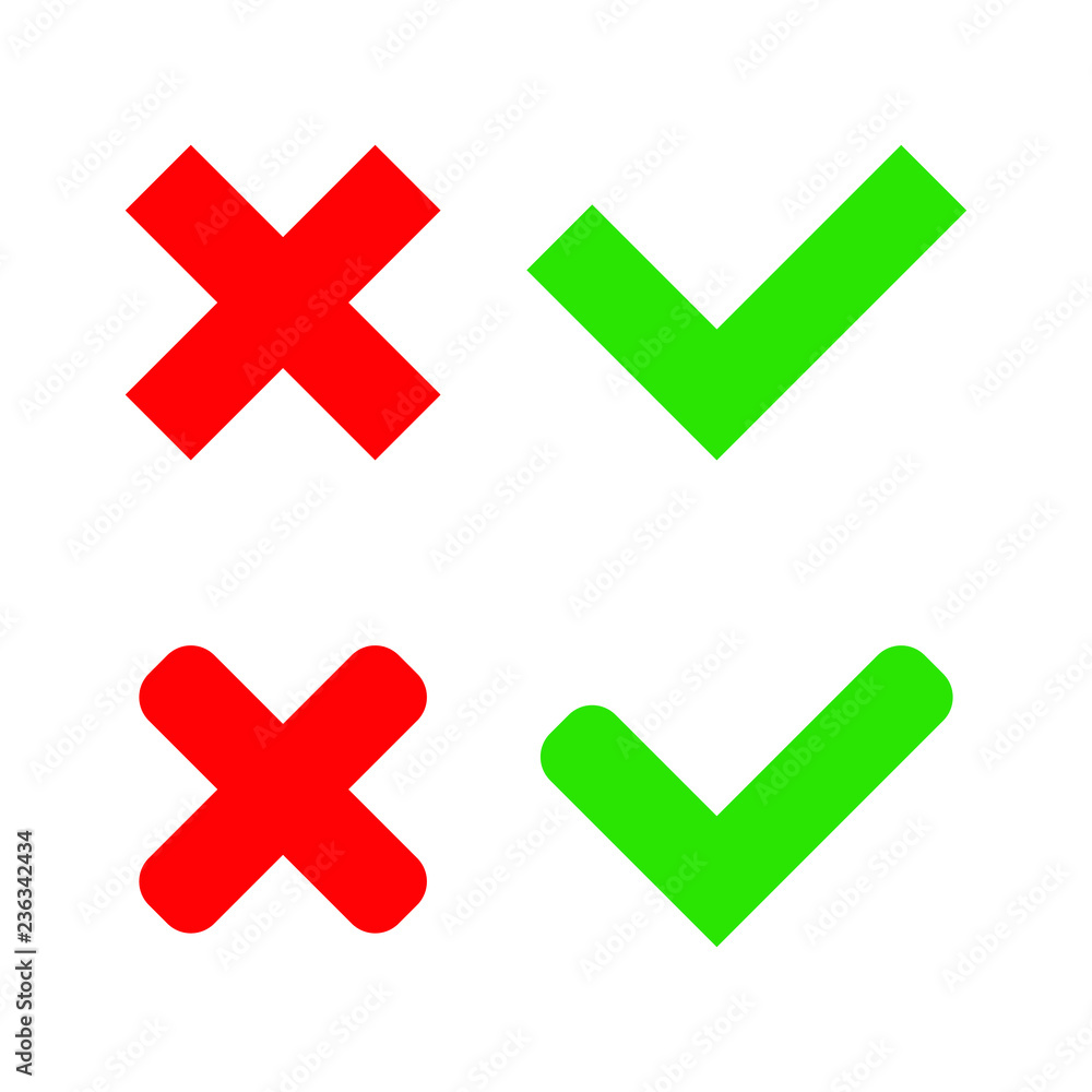 Poster green check mark and red cross in two variants (square and rounded corners) - isolated vector illust