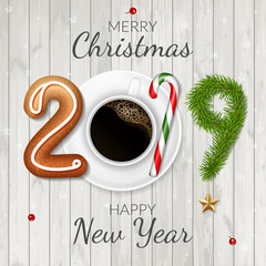 Merry Christmas and Happy New Year 2019 greeting card on wood background.