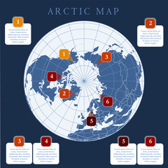 Arctic map with countries boundary, grid and label. Arctic regions of northern hemisphere. Circumpolar projection. Vector. Infographic. Dark background.