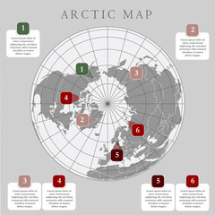 Arctic map with countries boundary, grid and label. Arctic regions of northern hemisphere. Circumpolar projection. Vector. Infographic. Gray background.