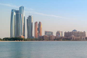 Obraz premium Abu Dhabi city skyline, beautiful view of the Etihad towers and Emirates Palace