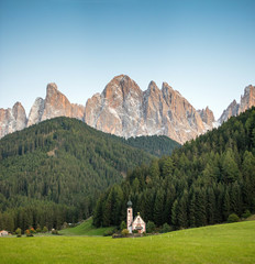 Fototapeta na wymiar best alpine place, St Johann Church, Santa Maddalena, Val Di Funes, Dolomites, Italy