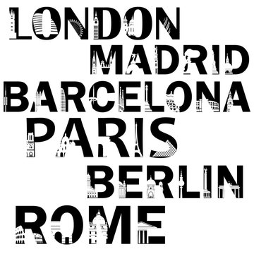 City names in words in black color with the  places of interest. London, Madrid, Barcelona, Paris, Berlin, Rome.