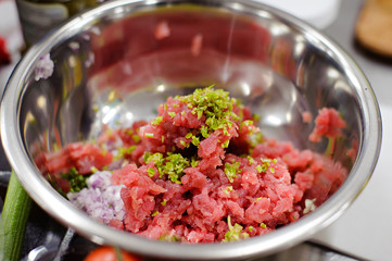 Chopped raw fillet. Ingredients for cooking crispy fried fish tilapia.