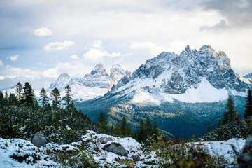 panoramic view of snowy mountain peak in winter, dolomites, italy