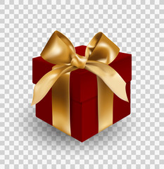 Red gift box bandaged with golden elegant bow with knot. Object isolated on transparent background. Realistic vector illustration.