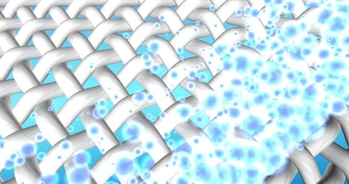 3D animation. Bleaching a grey stained fabrics. Active cleaning action of bleach, washing powder or liquid laundry detergent for white cloth. Moving diagonal wave of floating water drops at the fabric