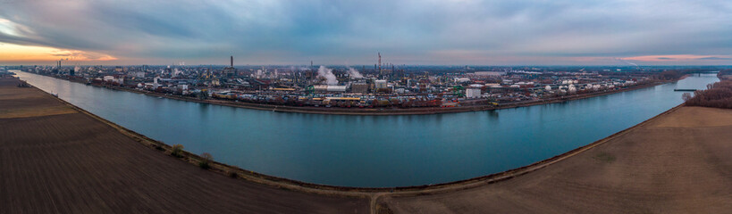 Industrial landscape with the river Rhine and chemical production plants at Ludwigshafen as seen...