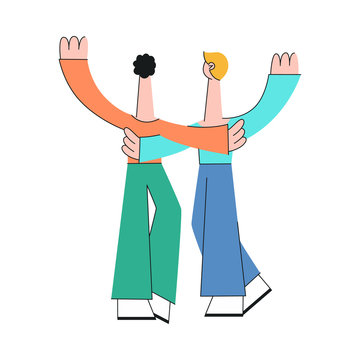 Friendship and attachment in relationships concept with two men standing with their back and hugging in flat style isolated on white background - vector illustration of meeting of friends.