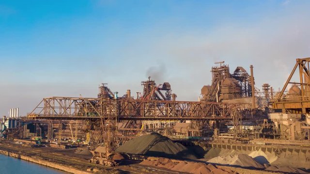 timelapse hyperlapse. Aerial view. metallurgical production, operation of blast furnaces