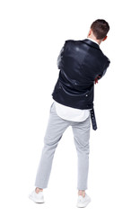 Back view of a stylish man in a leather jacket