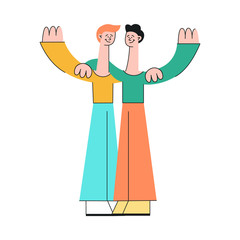 Friendship and attachment in relationships concept with two happy men standing and hugging in flat style isolated on white background. Vector illustration of meeting of friends.