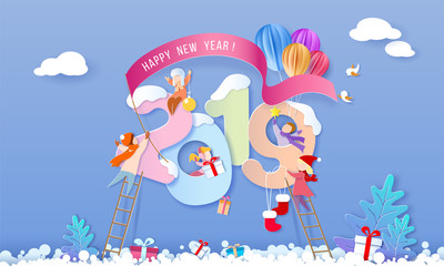 2019 Happy New Year design card with kids