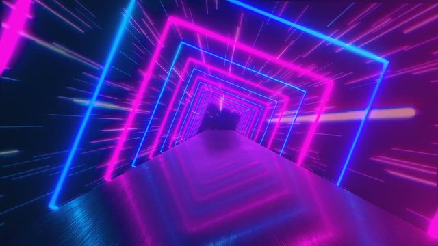 Flying through glowing rotating neon squares creating a tunnel, blue red pink violet spectrum, fluorescent ultraviolet light, modern colorful lighting, 4k loop animation