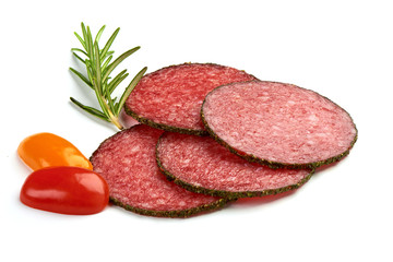 Italian salami Traditional smoked slices with herbs, isolated on a white background. Close-up