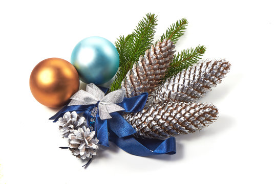 Christmas bumbs. Silver toys. New year toys, isolated on a white background. Close-up.