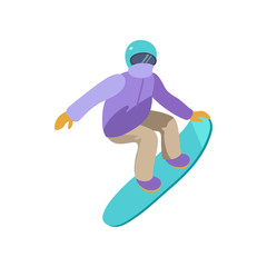 Young guy is riding a snowboard in stylish bright clothes.
