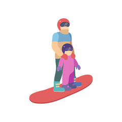 Children with mother is riding a snowboard in stylish bright clothes.