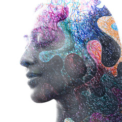 Paintography. Double exposure portrait of a young, beautiful, ethnic girl combined with hand drawn...