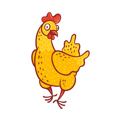 Vector illustration of funny cartoon chicken standing with welcome or showing sign isolated on white background - hand drawn cute smiling yellow domestic hen greeting or pointing.