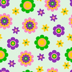 Seamless pattern with cute funny cartoon flowers and herbs. The good choice for childrens accessories, fabric and other. Vector illustration