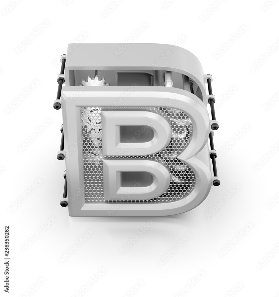 Aufkleber capital b of alphabet. designed in techno-style letter 'b' assemled from mechanical parts on reflect