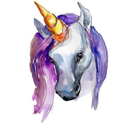 Cute purple unicorn horse isolated. White background illustration set. Fairytale children sweet dream.