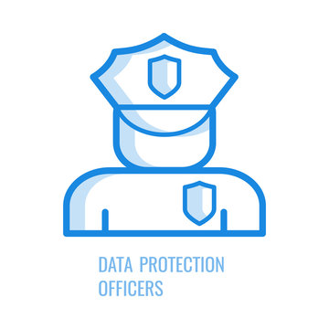 Data protection officer icon - blue outline symbol of abstract human silhouette in security uniform with shields isolated on white background. Vector illustration of gdpr concept.