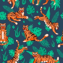 Seamless pattern with tigers in different poses and tropical plants. Vector illustration for textile, Wallpaper, packaging or other.
