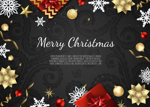 Christmas vector background. Creative design greeting card, banner, poster. Top view gift box, xmas balls, stars and snowflakes.