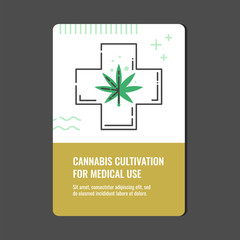 Cannabis cultivation for medical use vertical banner with line icon of medicinal cross with marijuana leaf - isolated vector illustration of legalization and pharmacy use of hemp concept.