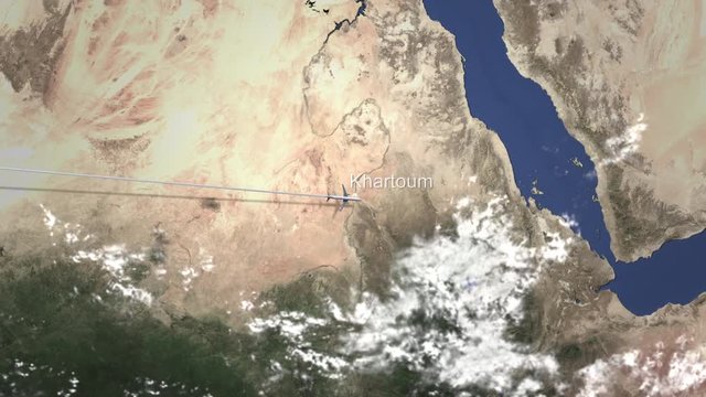 Airliner flying to Khartoum, Sudan from west on the map. Intro 3D animation