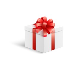 White gift box with red ribbon and bow in realistic 3d style isolated on white background - vector illustration of close present package for congratulation design.