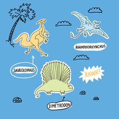 Dinozaury śmieszne kreskówki. Dino znaki dimetrodon, saurlophus wektor zestaw. Ilustracje dinozaurów z napisami na białym tle. Elementy ilustracji dla dzieci, modne ubrania - 236352889