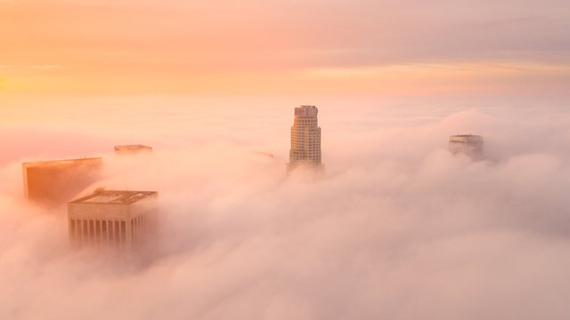 Skyscrapers surrounded by fog