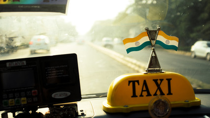 The inside of a taxi in New Delhi, India