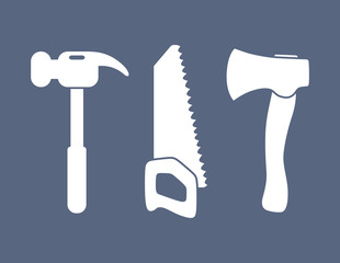 Hammer, axe and hand saw, carpentry woodwork tools icon.