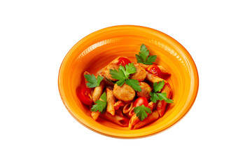 Closeup plate of pasta with tomato ketchup and chicken chop meat isolated at white background.